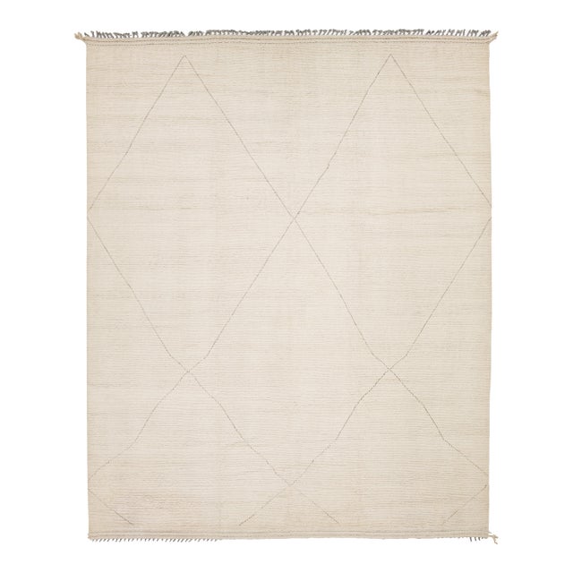 Ivory Modern Minimalist Beni Ourain Style Hand-Knotted Wool Rug 12x15 For Sale