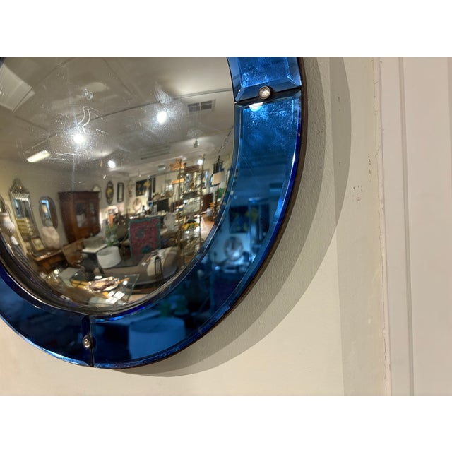 1950s Mid 20th Century Italian Modern Blue Beveled Convex Mirror For Sale - Image 5 of 7