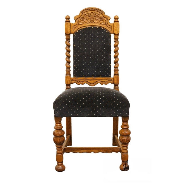 1920's Antique Jacobean Gothic Revival Solid Oak Dining Side Chair