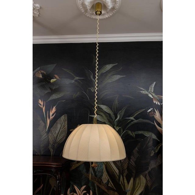 Large Brass and Fabric Lampshade Five-Light Adjustable Height Pendant Lamp, 1980s For Sale - Image 10 of 18