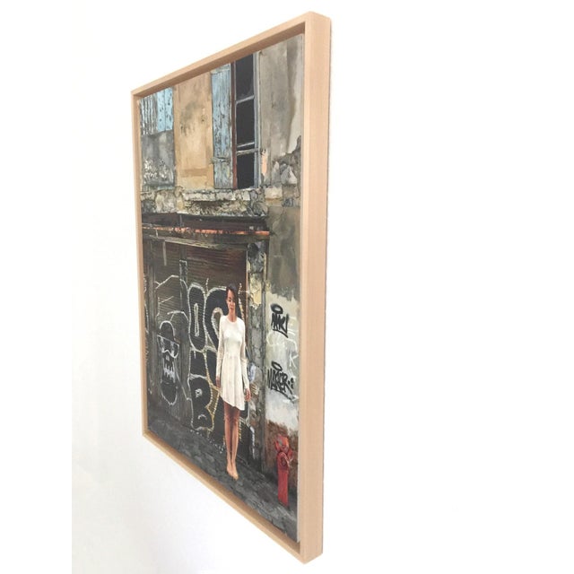 Realism Can I Borrow Your Wings by Linda Delahaye | Oil on Panel Depiction of a Woman in a White Dress For Sale - Image 3 of 5
