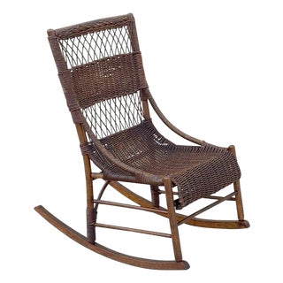 Antique Victorian Wicker and Rattan Wooden Small Rocking Chair Rocker For Sale