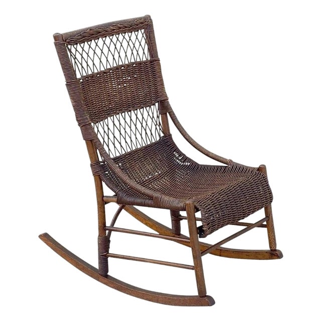 Antique Victorian Wicker and Rattan Wooden Small Rocking Chair Rocker For Sale