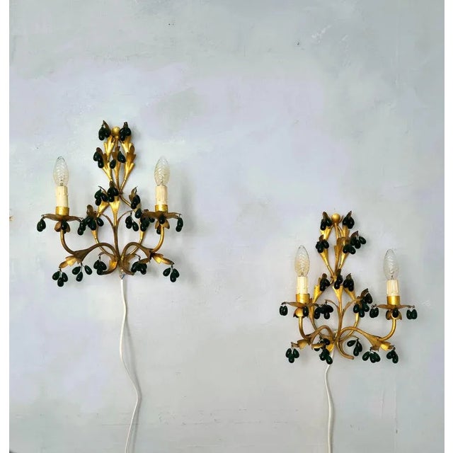 Wall Lights in Gilted Metal with Green Glass Drops, 1950s, Set of 2 For Sale - Image 5 of 11