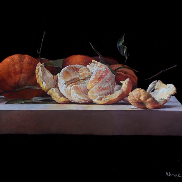 This oil on canvas artwork presents a striking still life of oranges, some whole and others peeled, arranged on a simple...