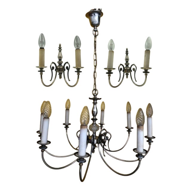 Chandelier and Wall Sconces in Silver and Crystal Glass, 1940s, Set of 3 For Sale