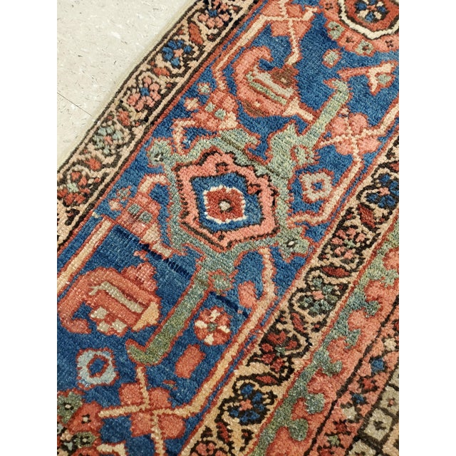 Antique Persian Heriz Carpet Handmade Wool Oriental Rug, Rust, Navy, Light Blue For Sale - Image 16 of 18