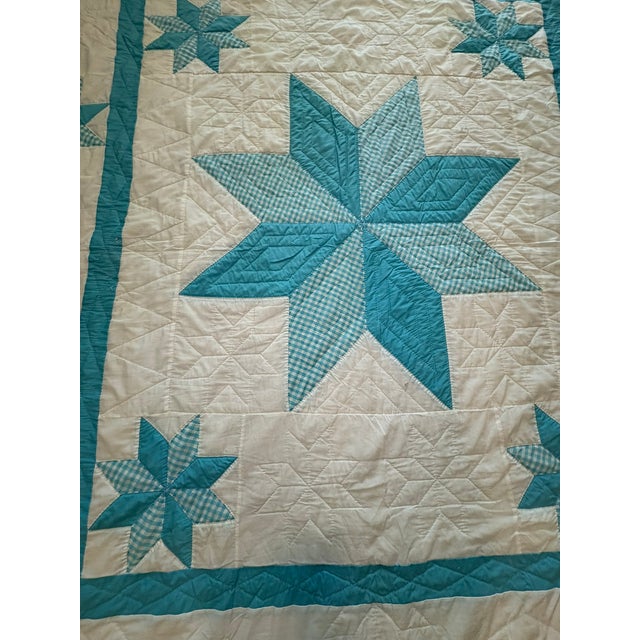 Vintage Handmade Quilted Turquoise and White Lone Star Quilt For Sale - Image 14 of 15