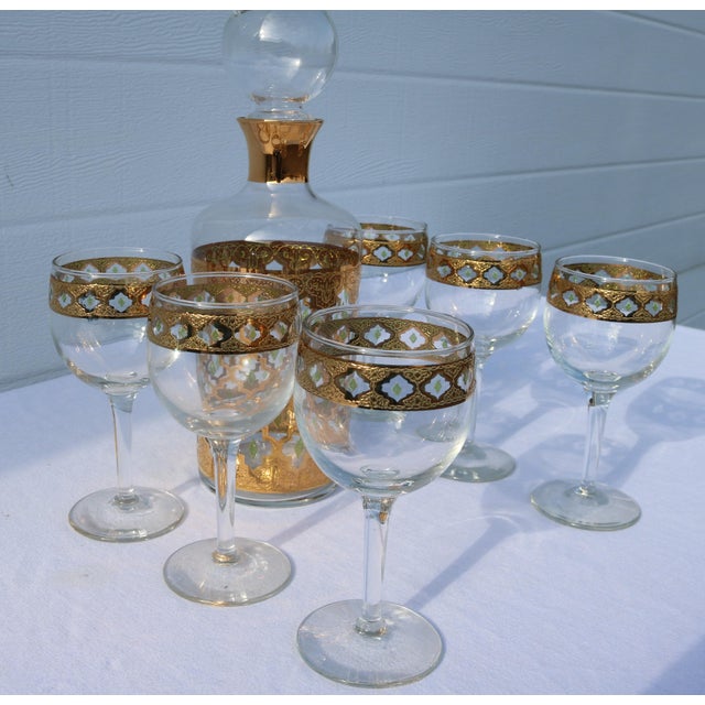 Gold 1960's Culver Valencia 22k Gold Green Diamond Decanter, Stopper and 6 Wine Glasses For Sale - Image 8 of 8