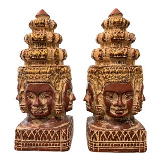 Pair of Vintage Southeast Asian Four-Faced Temple Sculptures / Bookends For Sale