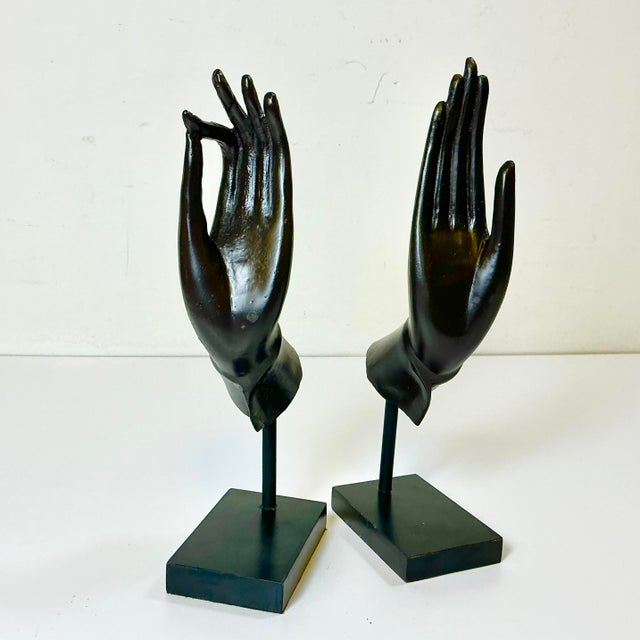 Boho Chic Mid-Century Asian Boho Chic Cast Metal Buddha Hands Sculpture - Set of 2 For Sale - Image 3 of 13