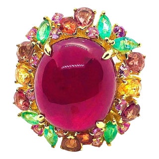 Bochic “Orient” Multi Sapphire & Ruby Panther Vintage Ring Set In 18 K Gold & S For Sale