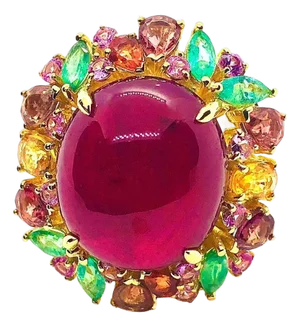 Bochic “Orient” Multi Sapphire & Ruby Panther Vintage Ring Set In 18 K Gold & S
