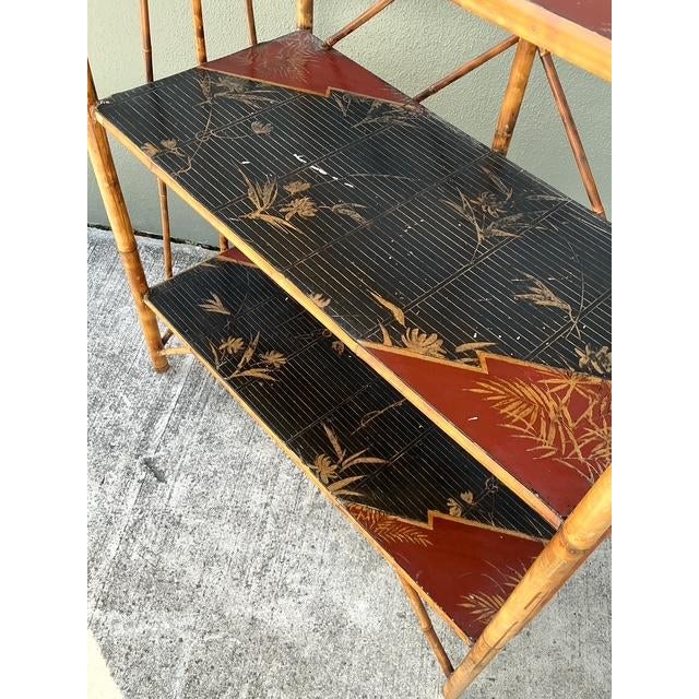 Tan Vintage Chevron Bamboo Painted Etagere For Sale - Image 8 of 12