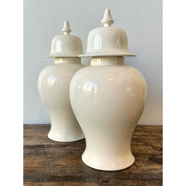 Vintage Glazed Ceramic Lidded Urns - A Pair For Sale - Image 4 of 12