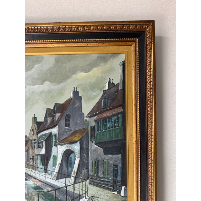 Wood 1960’s Frank European Town Landscape Scene Oil on Canvas Painting, Framed For Sale - Image 7 of 11