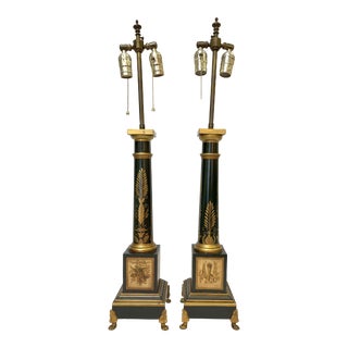 Vintage French Neoclassical Toleware Column Lamps- a Pair For Sale