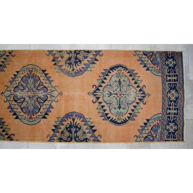 Traditional Ottoman Design Distressed Oushak Runner Rug Faded Colors Low Pile - 2'1″ X 12'9″ For Sale - Image 9 of 12