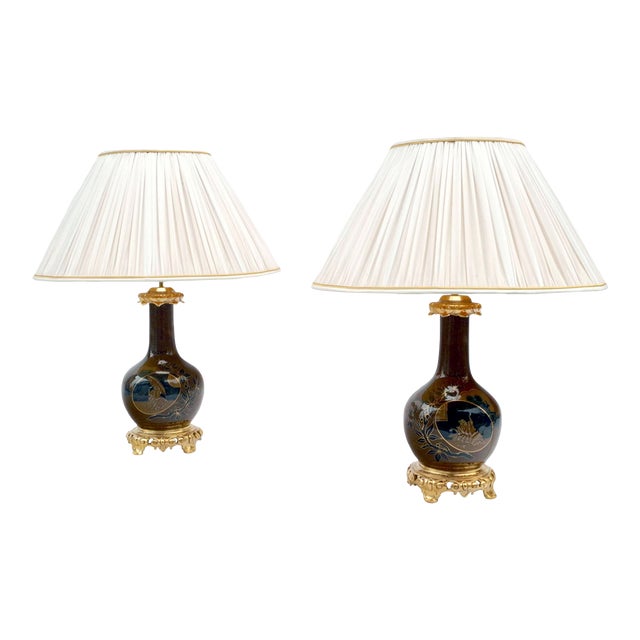 Antique Japanese Style Brown & Blue Porcelain Lamps, Set of 2 For Sale
