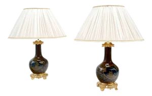 Antique Japanese Style Brown & Blue Porcelain Lamps, Set of 2