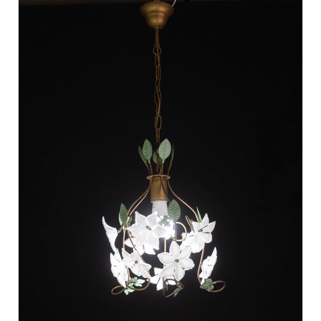 Metal Vintage Murano Style Chandelier White Flowers, 1980 For Sale - Image 7 of 10