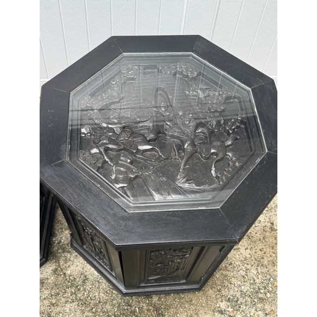 Black Mid-Century Chinese Carved Figural Wood Octagon Side Tables - A Pair For Sale - Image 8 of 12