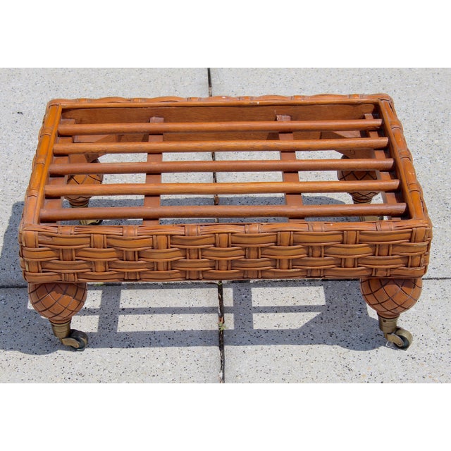 Coastal Vintage Rattan Coffee Table / Ottoman Base – Boho Coastal Charm on Casters For Sale - Image 3 of 12