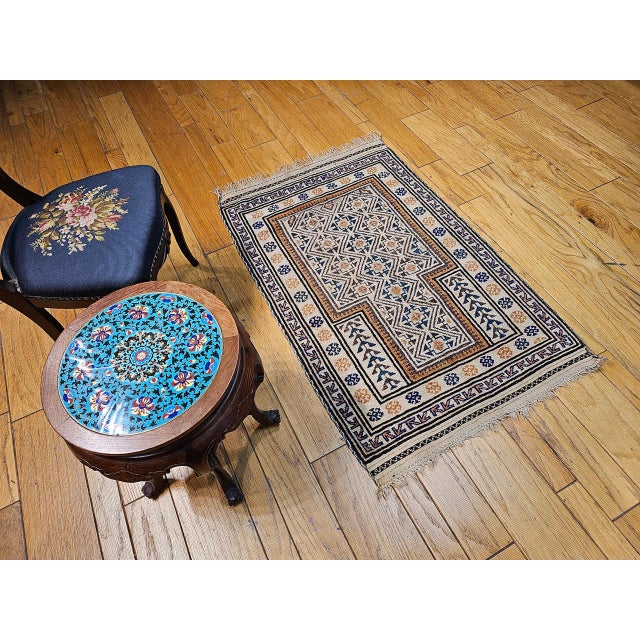 Early 20th Century Baluch Tribal Area Rug in a Prayer Pattern in Ivory, Brown, Navy Blue For Sale - Image 11 of 11