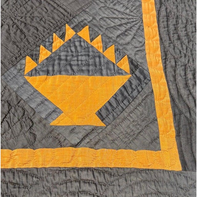 1920s Early 20Thc Amish Black Cotton Sateen W/ Wool Pumpkin Baskets Quilt From Ohio For Sale - Image 5 of 10