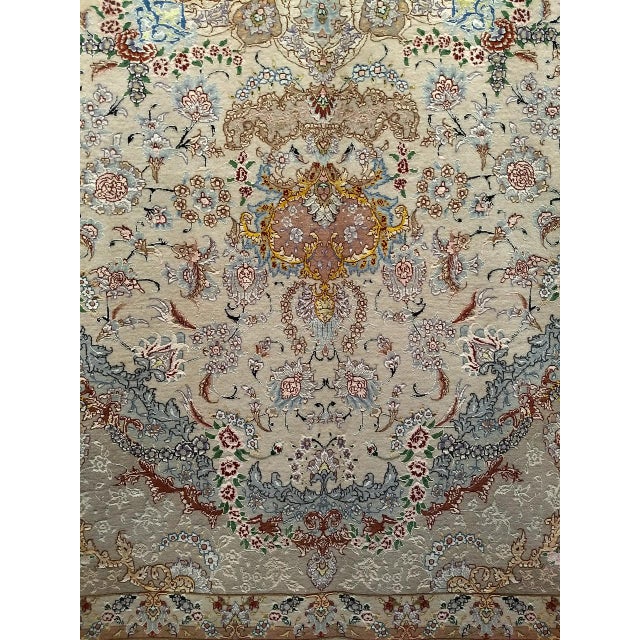 Textile Vintage Persian Tabriz Rug, Finely Hand-Knotted Wool & Silk, Floral Pattern, Ivory & Blue, 7x10 For Sale - Image 7 of 9