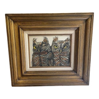 Edris Eckhardt Owls Engraving Art, Signed and Framed For Sale