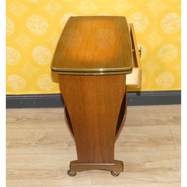 Tan Small Side Table with Newspaper Stand on Wheels with Drawer, 1950s For Sale - Image 8 of 10
