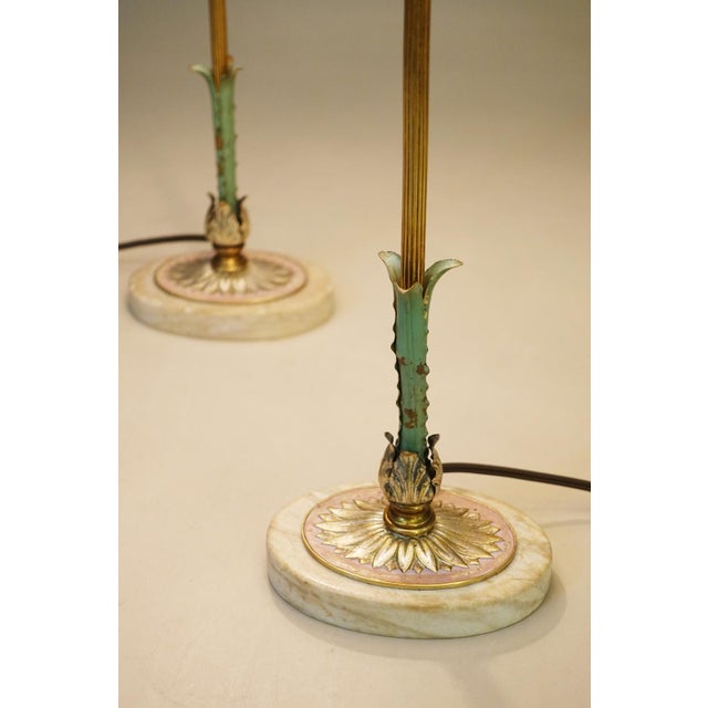 1930s Matched Pair Art Deco French Empire Ornate Brass Travertine Marble Candlestick Table Lamps For Sale In Los Angeles - Image 6 of 10