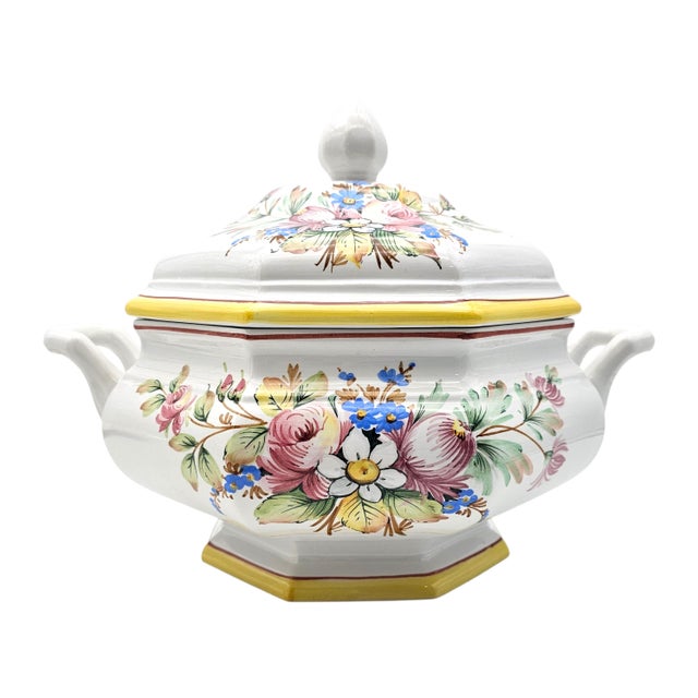 Italian Italian Hand-Painted Porcelain Soup Tureen Set, Octagonal Floral, 16" For Sale - Image 3 of 18