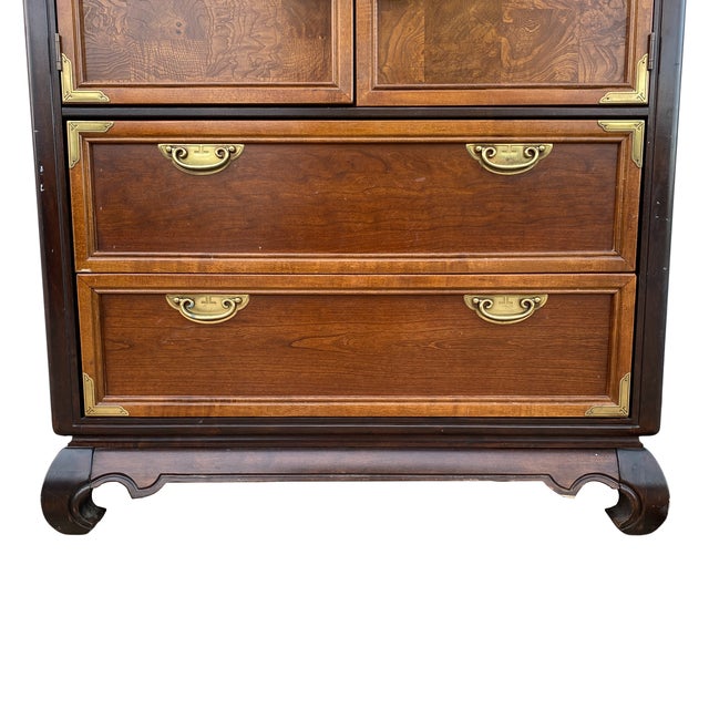 Vintage Broyhill Ming Dynasty Walnut Burl Armoire and Lowboy Dresser