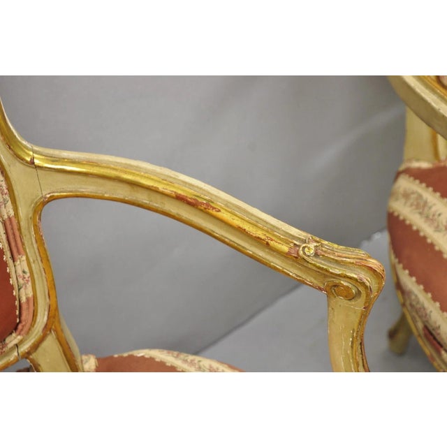 Antique French Louis XV Style Gold Giltwood Pink Stripe Fauteuil Arm Chair, Pair For Sale - Image 17 of 18
