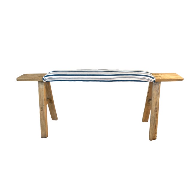 Beige Rustic Em Long Bench W/French Ticking Upholstery For Sale - Image 8 of 10