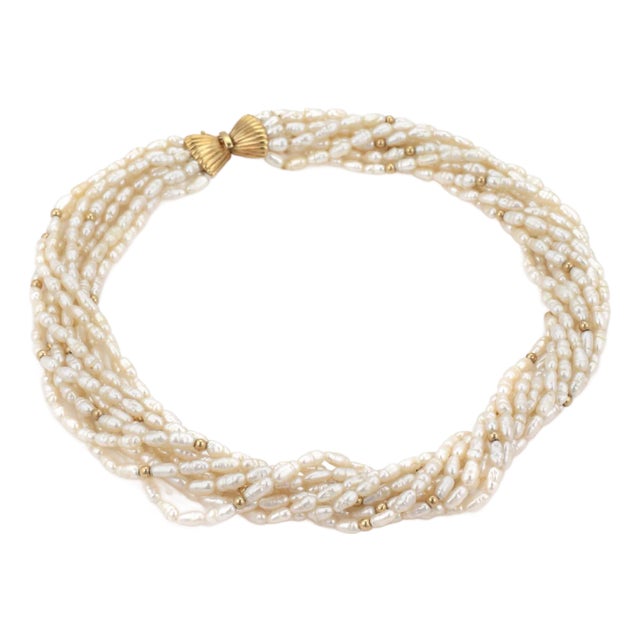 Vintage 14k Yellow Gold Multi-Strand Rice Pearls Necklace! For Sale