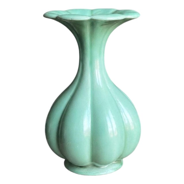 Art Deco Green Lobed Ceramic Vase by Arthur Percy for Gefle Celadon, Sweden, 1930s For Sale