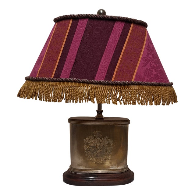 Vintage Table Lamp with Silver-Plated Oval Metal Base and Fabric Shade, 1950s For Sale