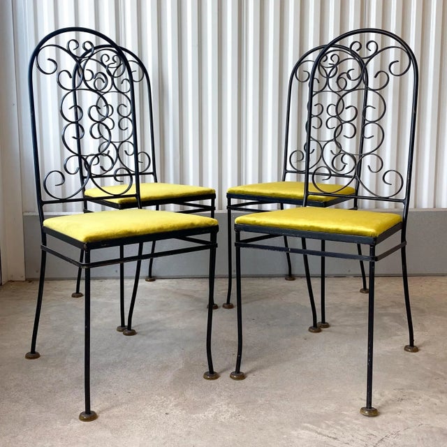 Vintage Arthur Umanoff Attributed Iron Chairs With Chartreuse Velvet Seats - Set of 4 For Sale - Image 10 of 13
