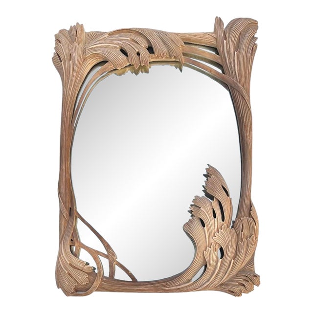 Vintage Carved Wood Ginkgo Motif Mirror For Sale