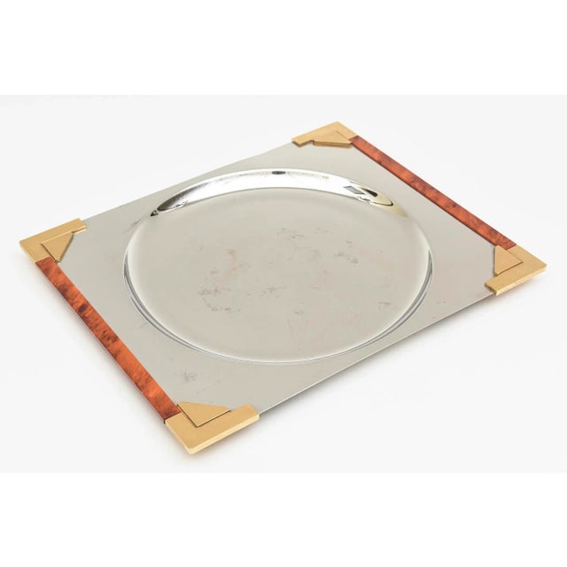 Modern Guy Degrenne French Burled Wood, Gold Plated Brass and Stainless Steel Square Tray For Sale - Image 3 of 11