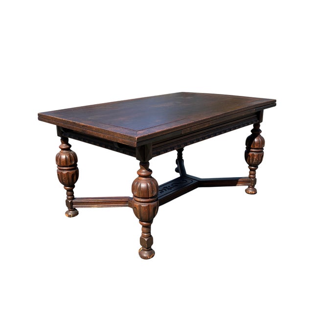 Early 20th Century Early 20th Century Jacobean Revival Carved Oak Draw-Leaf Dining Table For Sale - Image 5 of 12