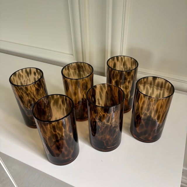 Italian Tortoise Shell Print Amber Brown Highball Glasses - Set of 6 For Sale In Chicago - Image 6 of 6