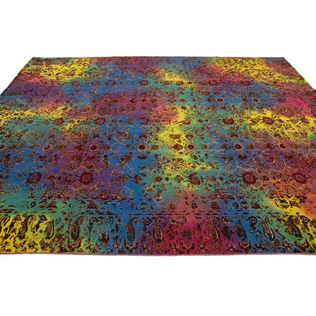 Green Multicolor Antique Overdyed Wool Rug With Allover Pattern For Sale - Image 8 of 10