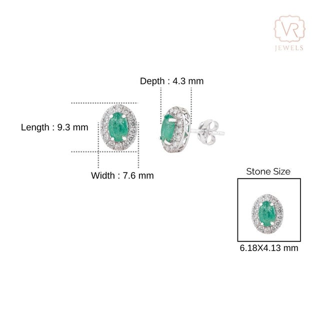 Oval Emerald & Diamond May Birthstone Stud Earrings in 14k White Gold- A Pair For Sale - Image 10 of 13