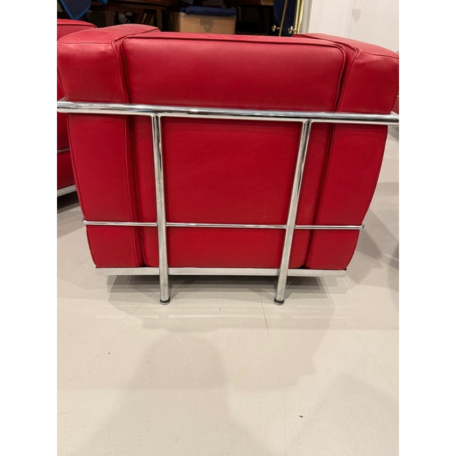 Chrome Chrome and Red Leather Club Chairs in the Style of Le Corbusier - A Pair For Sale - Image 8 of 14