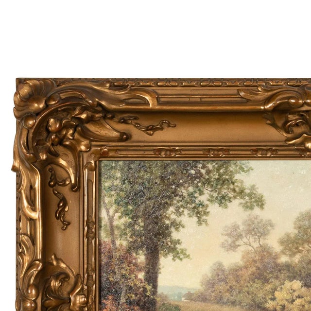 Antique American New England Summer Landscape Oil Canvas Painting Cottage Scene by Milton H. Lowell Circa 1890 For Sale - Image 9 of 12