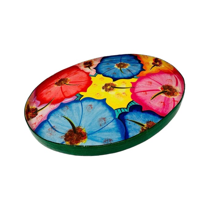 Traditional Vintage Colorful Hand-Painted Hibiscus Wood Tray For Sale - Image 3 of 9